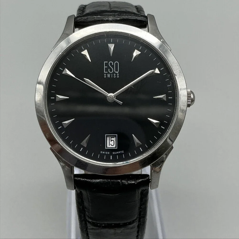 ESQ Movado Swiss E5203 Mens Watch 35mm Black Dial Leather Date New Battery